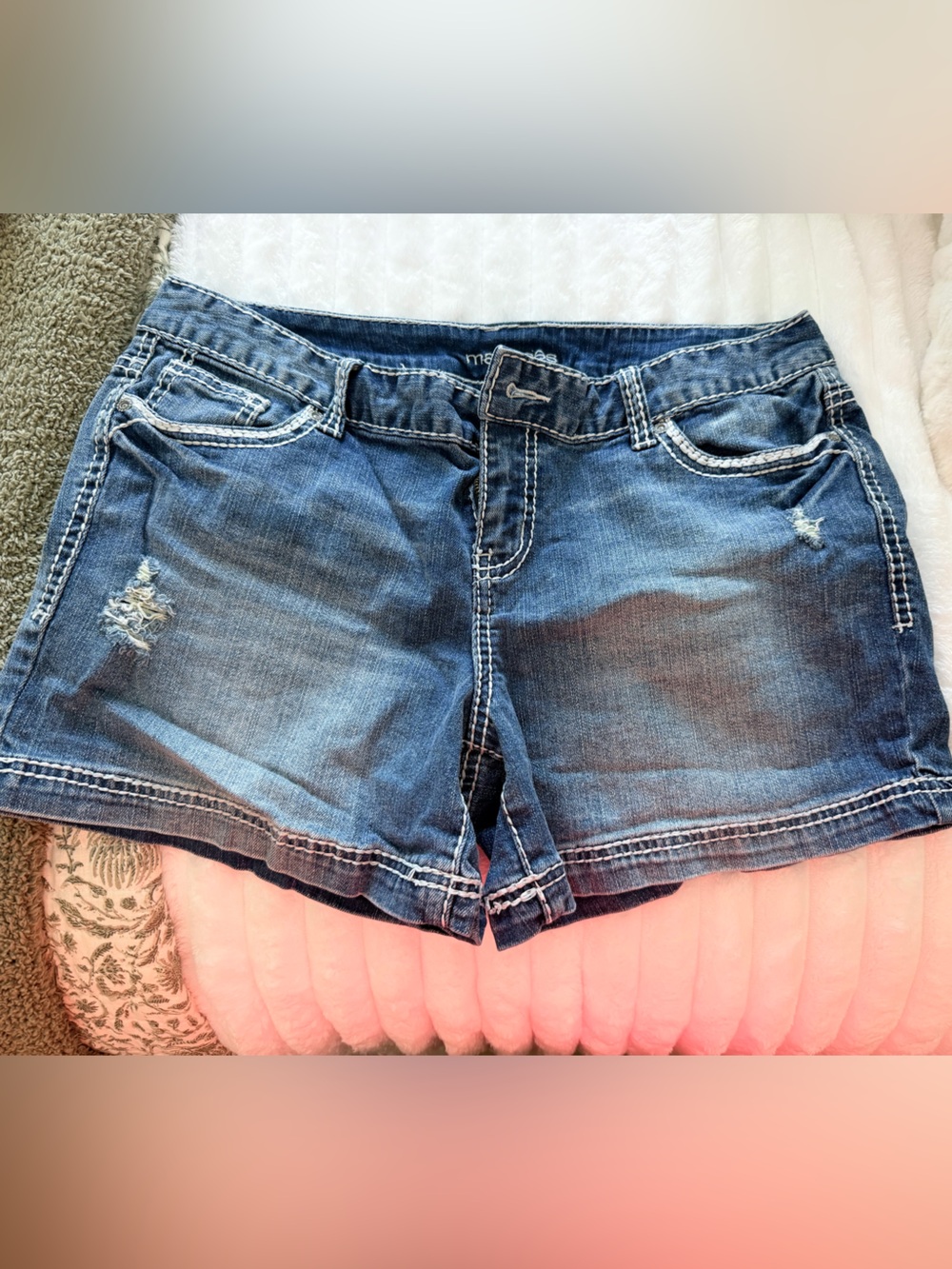 Maurices Dark Blue Denim Jean Shorts with Subtle Distressing